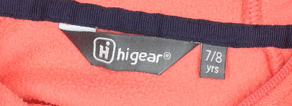 Brand and care label for Hi Gear girls’ pink fleece hooded full zip jacket 7-8 years outdoor layer