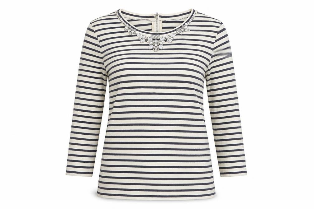 J.Crew Women’s Stripe Beaded Neck Cotton Top S Navy White 3/4 Sleeve