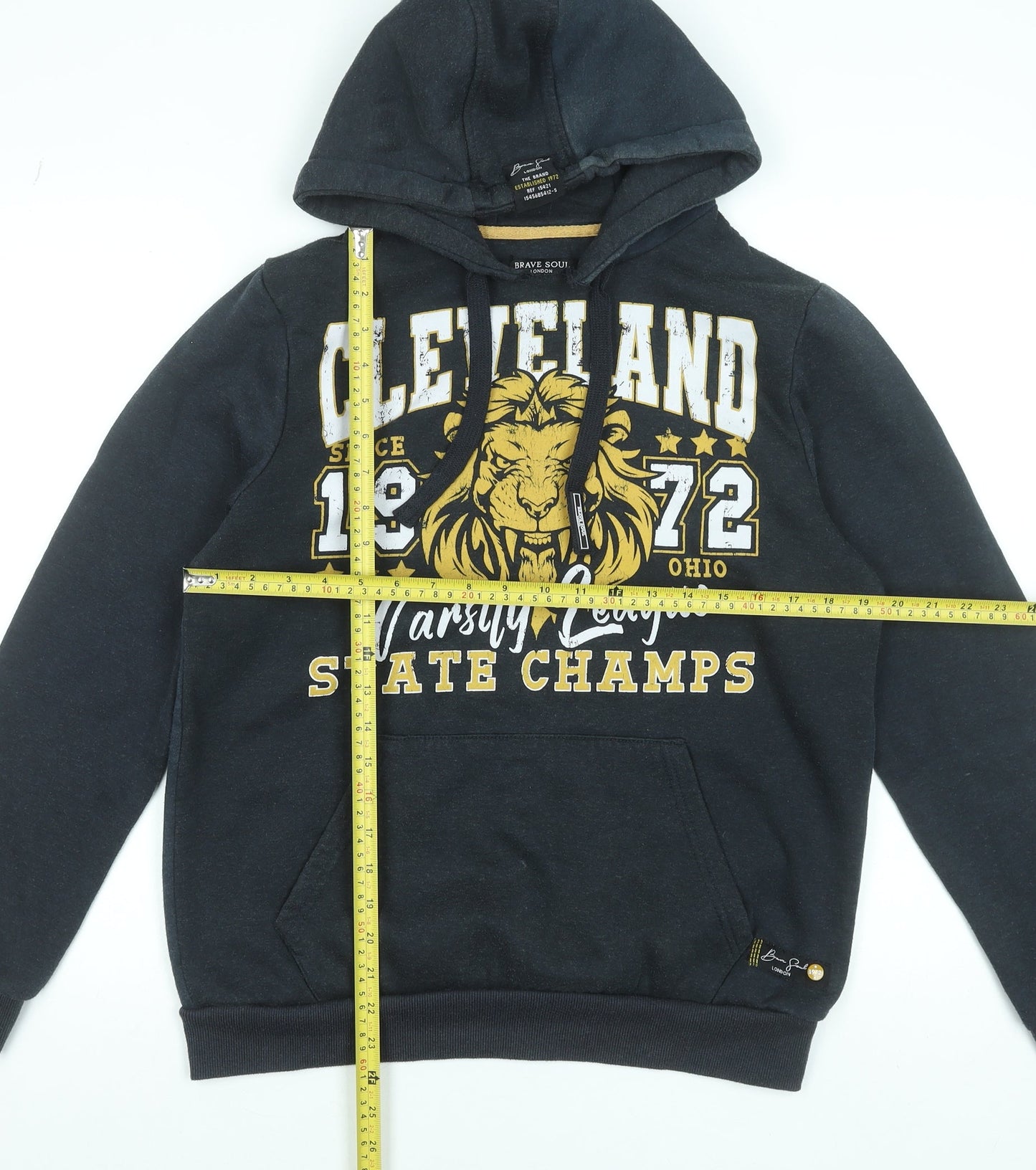Brave Soul Men's Black Pullover Hoodie M Varsity Graphic Lion Print