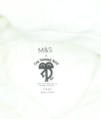 Preloved Marks and Spencer Boys White Graphic Pullover Hoodie 7-8 Years Cotton Blend - Label