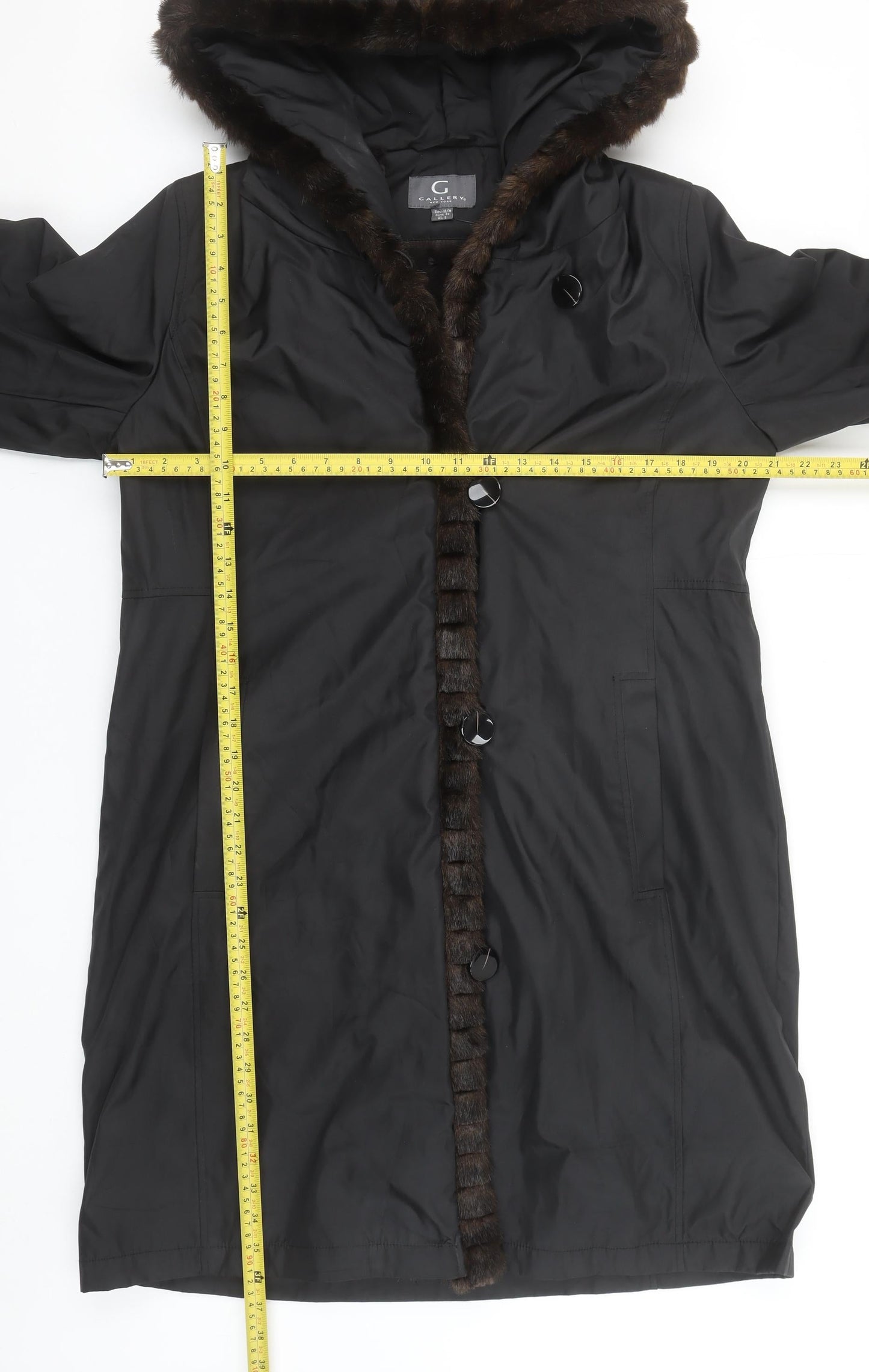 Gallery Women’s Black Faux Fur Trim Hooded Long Coat Size 12