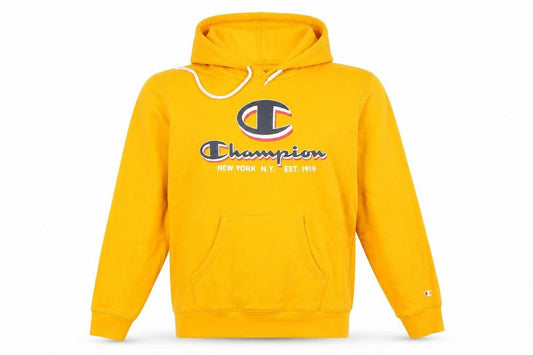 Champion Mens Yellow Pullover Hoodie Medium Logo Graphic Cotton Blend
