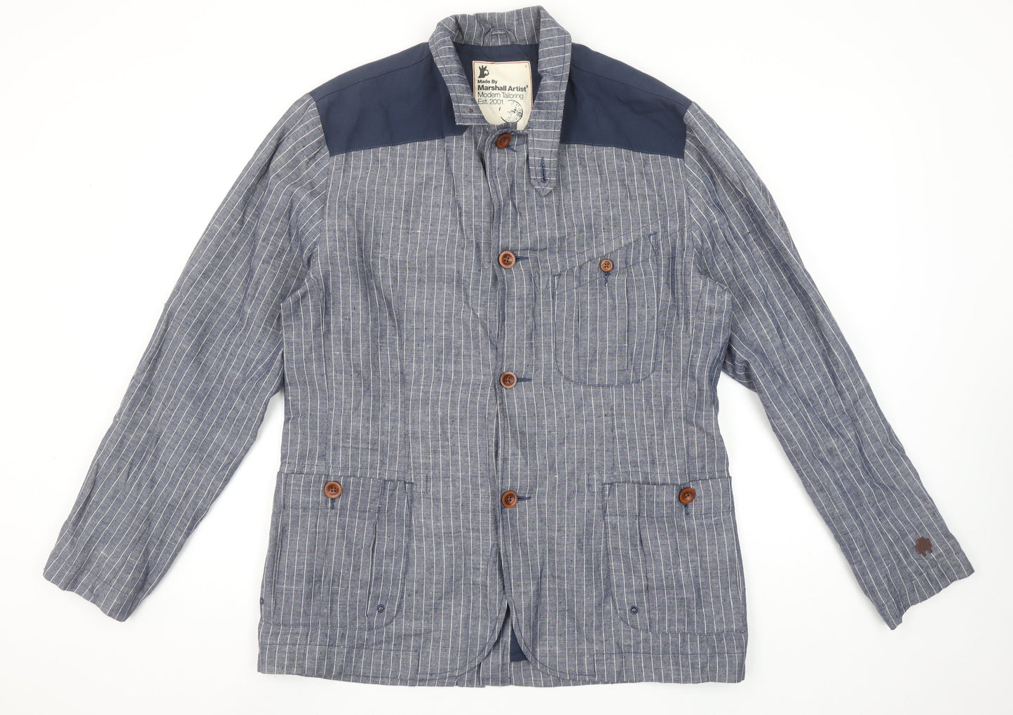 Marshall Artist Men's Blue Striped Cotton Regular Fit Casual Blazer Jacket L
