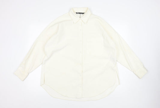 ZARA Women Ivory Relaxed Button-Up Shirt Size S Polyester Blend