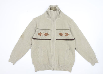 Raphael Valencino Mens Beige Knit Zip Jacket M Geometric Classic Style