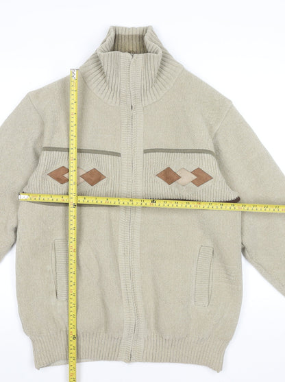Raphael Valencino Mens Beige Knit Zip Jacket M Geometric Classic Style