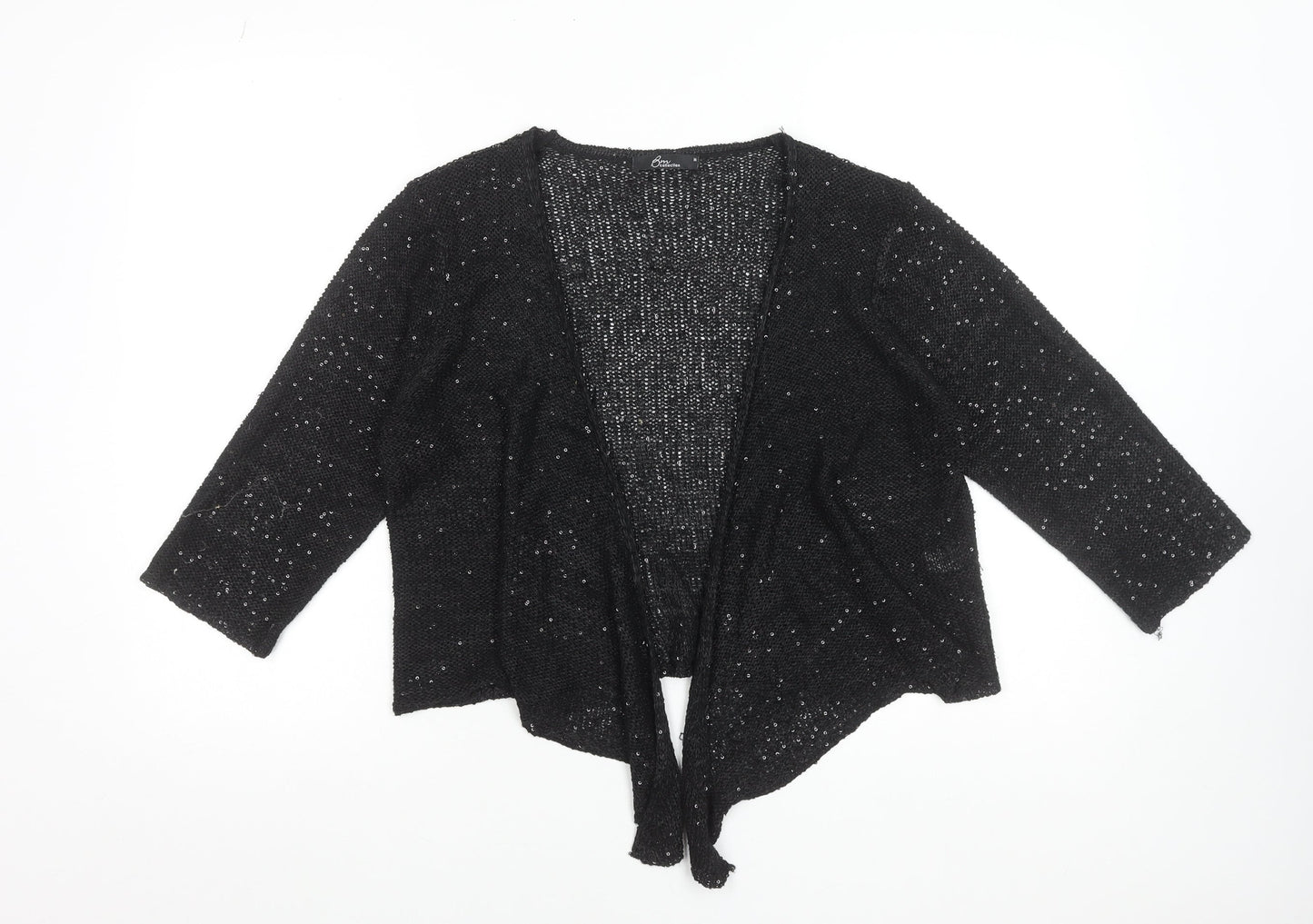 Bm Women's Black Sequin Open Knit Cardigan M 3/4 Sleeve