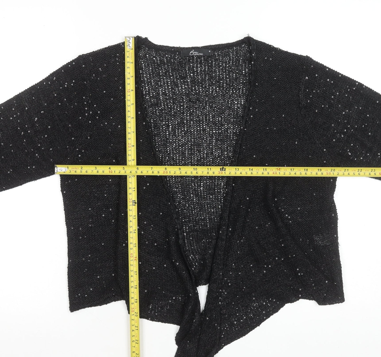 Bm Women's Black Sequin Open Knit Cardigan M 3/4 Sleeve
