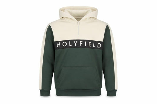 Front view of Holyfield boys’ green & cream pullover hoodie, size 10-12, years colourblock