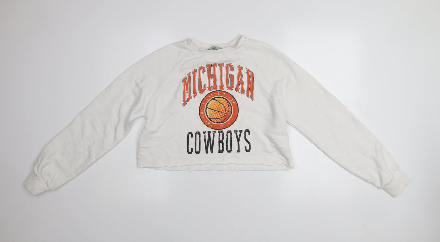 Stradivarius Womens White Michigan Cowboys Cropped Pullover Sweatshirt XS