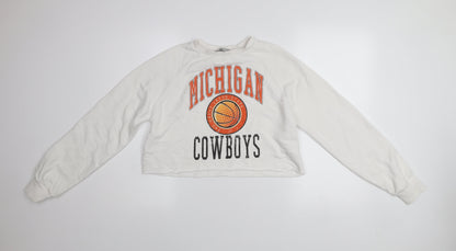 Stradivarius Womens White Michigan Cowboys Cropped Pullover Sweatshirt XS