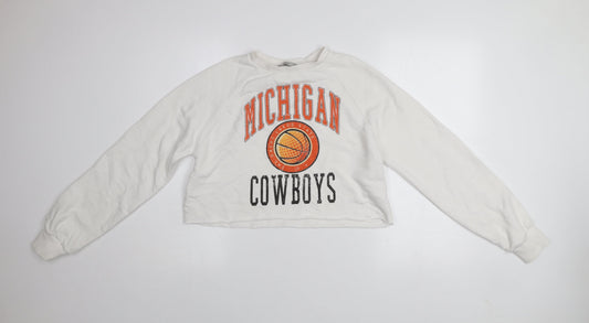 Stradivarius Womens White Michigan Cowboys Cropped Pullover Sweatshirt XS