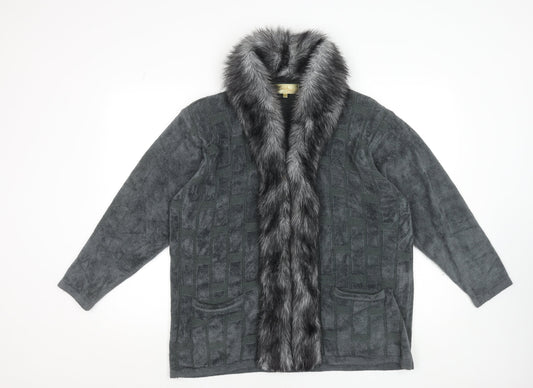 Frank Saul Women's Grey Faux Fur Trim Mid-Length Jacket M