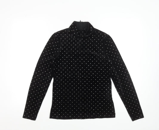 Hallhuber Womens Black Velvet Rhinestone Mock Neck Blouse XS