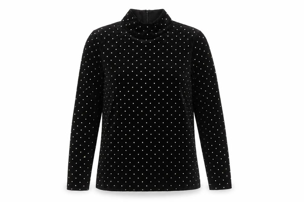 Hallhuber Womens Black Velvet Rhinestone Mock Neck Blouse XS