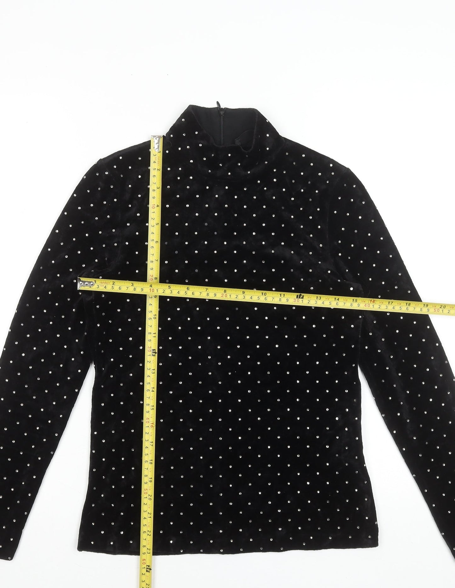 Hallhuber Womens Black Velvet Rhinestone Mock Neck Blouse XS