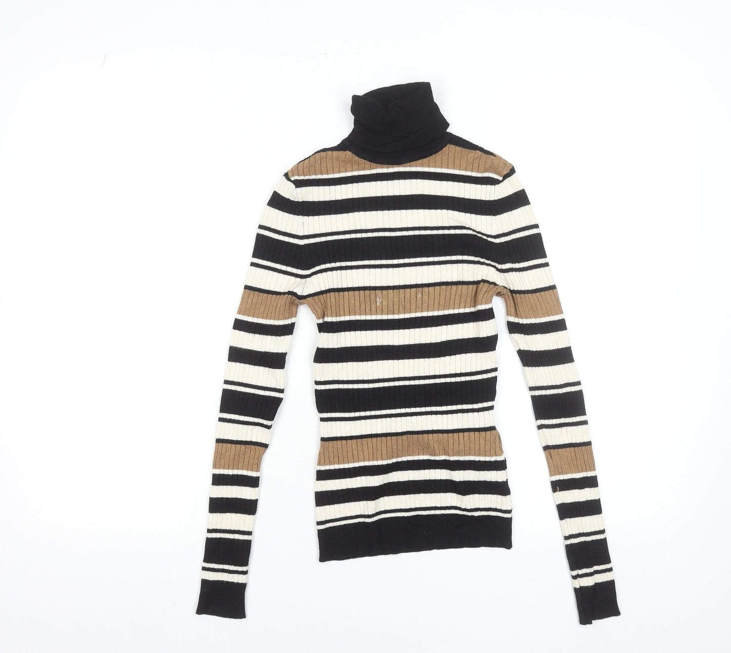 ONLY Women's XS Black Brown Striped Roll Neck Ribbed Knit Jumper