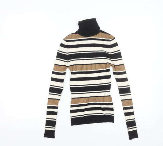 ONLY Women's XS Black Brown Striped Roll Neck Ribbed Knit Jumper