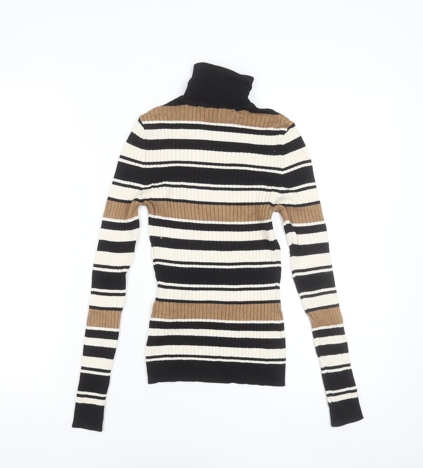 ONLY Women's XS Black Brown Striped Roll Neck Ribbed Knit Jumper