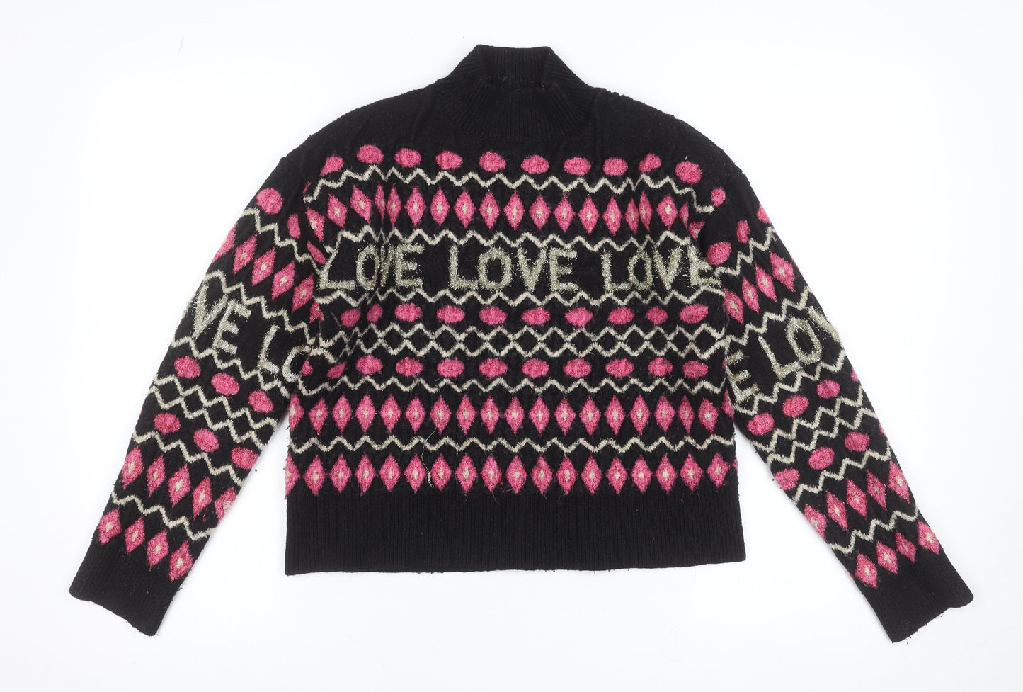 Oasis Womens Black Pink LOVE Knit High Neck Wool Jumper M