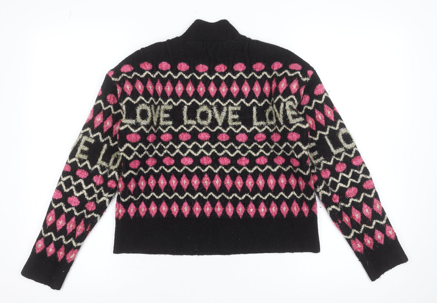 Oasis Womens Black Pink LOVE Knit High Neck Wool Jumper M