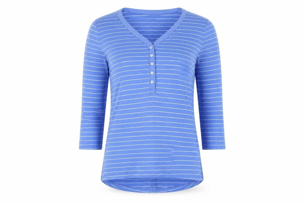Lands' End Women Blue Striped 3/4 Sleeve V-Neck Henley Top XS