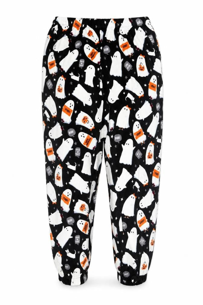 Originals Women's Black Halloween Ghost Print Fleece Pyjama Pants Size 14-16