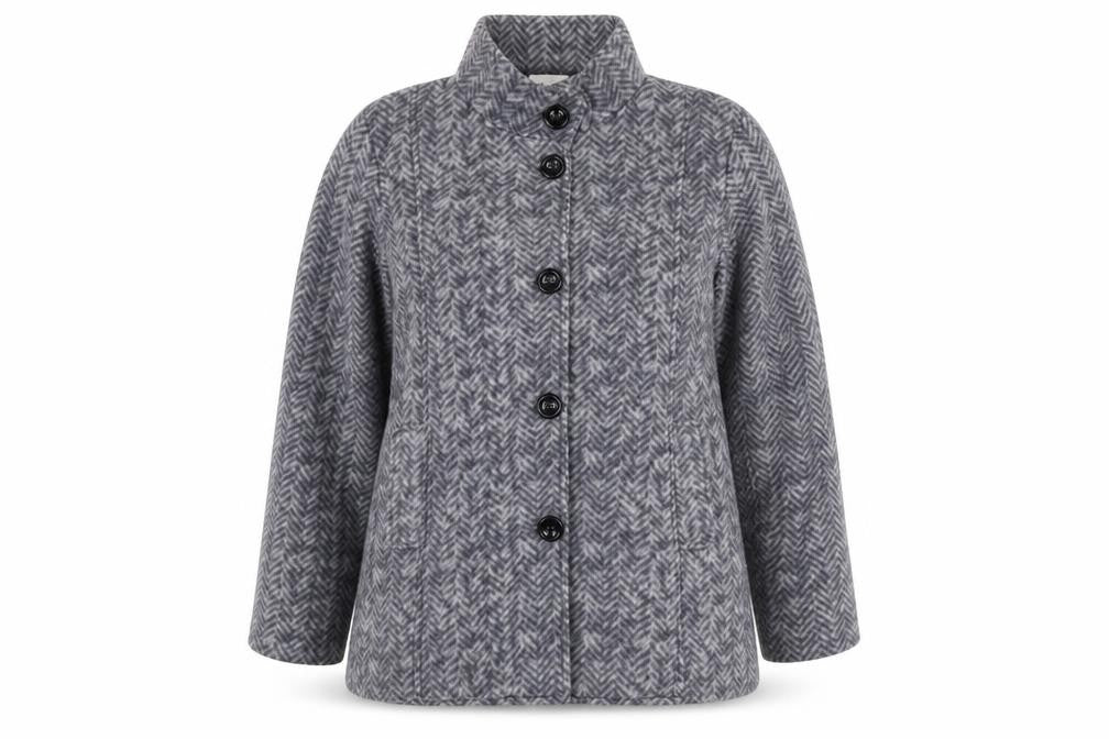 Front view of Anne De Lançay Women's Grey Herringbone Mid-Length Button Coat, size S