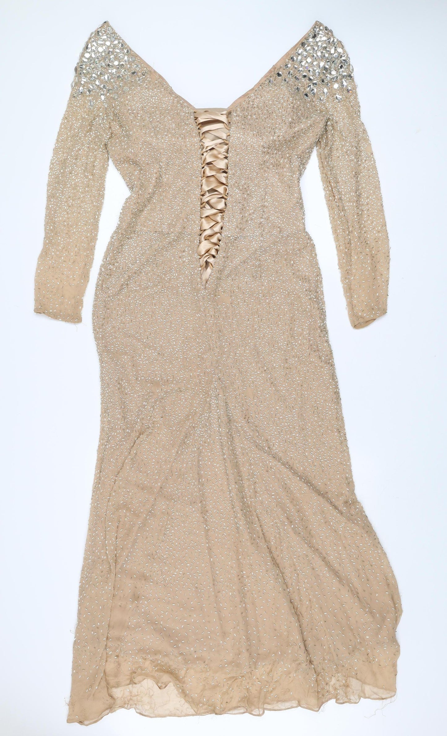 Sherri Hill Women’s Beige Long Sleeve Beaded Silk Mermaid Dress Size 8