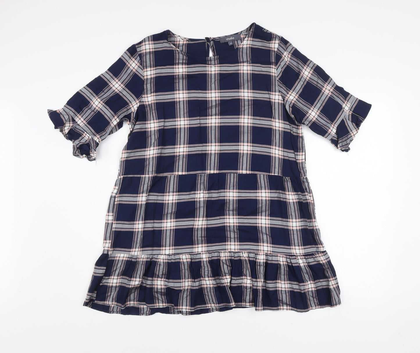 Studio Women's Blue Checked Ruffle Shift Dress Size 14