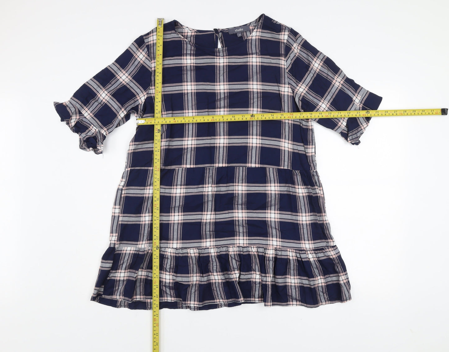 Studio Women's Blue Checked Ruffle Shift Dress Size 14