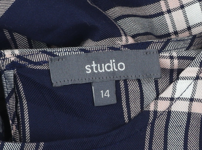 Studio Women's Blue Checked Ruffle Shift Dress Size 14