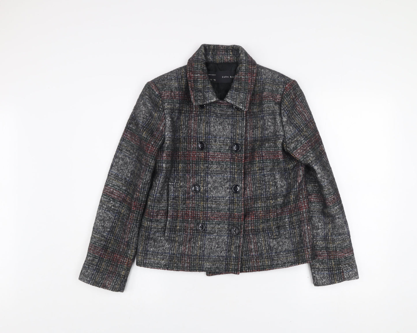 Zara Basic Women's Grey Checked Wool Blend Pea Coat Jacket Size S