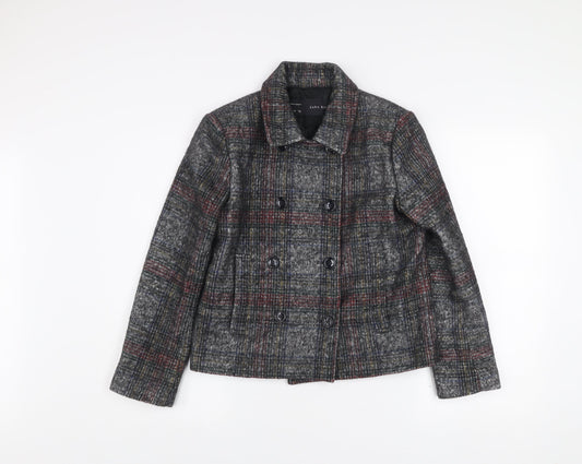 Zara Basic Women's Grey Checked Wool Blend Pea Coat Jacket Size S