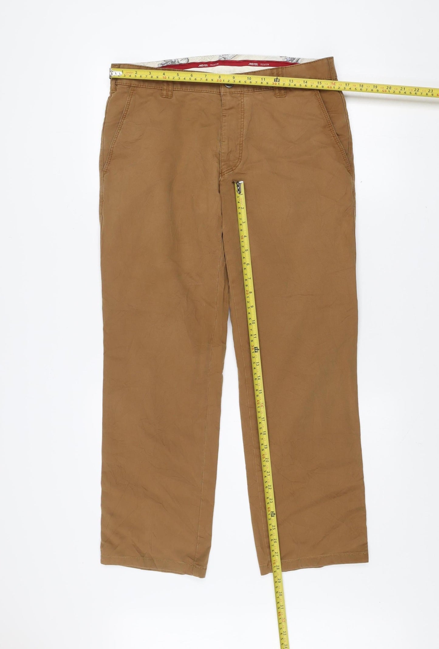 Meyer Men Brown Chino Trousers Size 34/32 Regular Fit Stretch Cotton