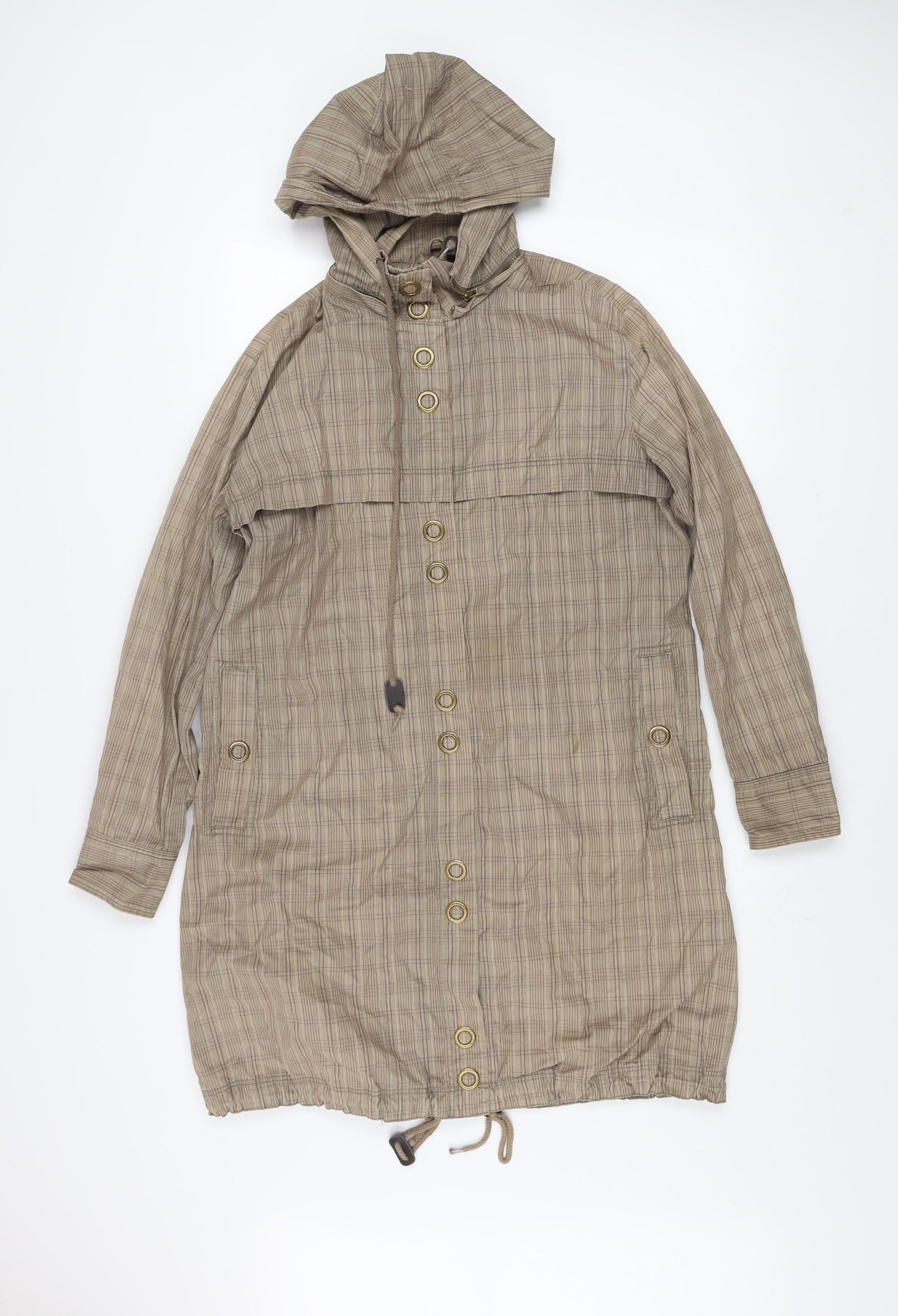 MNG Women’s Beige Checked Hooded Lightweight Long Rain Coat Size 8