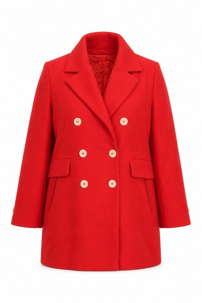 Mango Women Red Pea Coat Size 14 Lined Classic Mid-Length Button