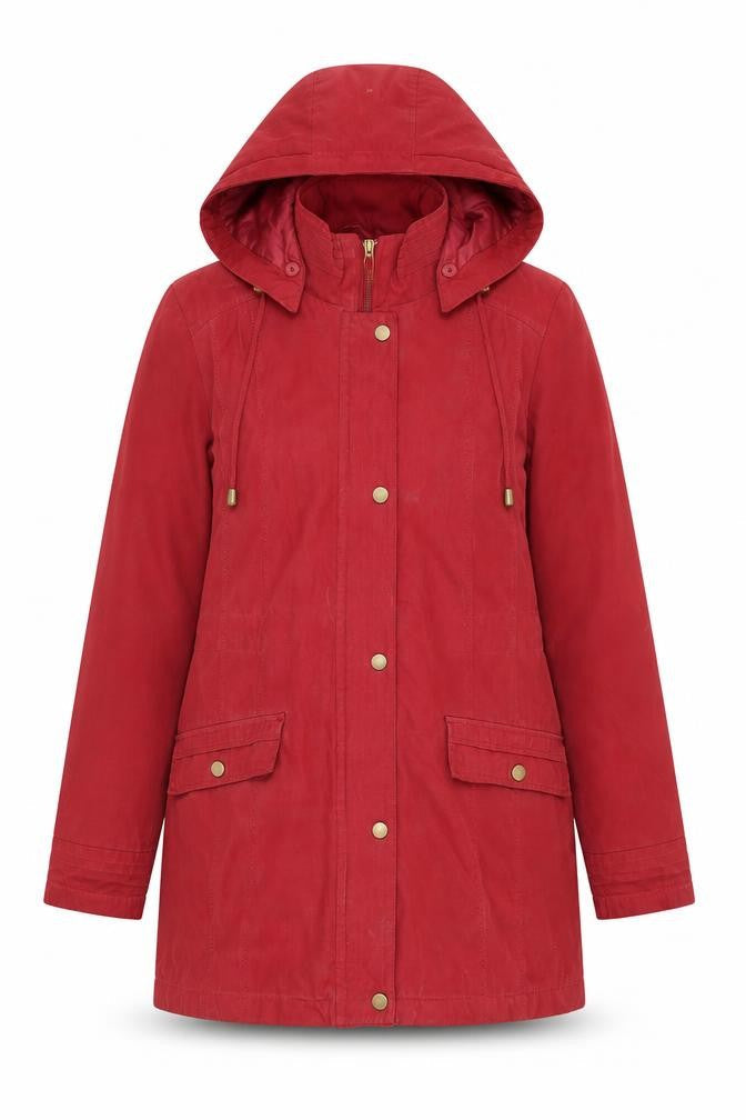 Bonmarché Women Red Hooded Parka Coat Size S Long Twill Jacket