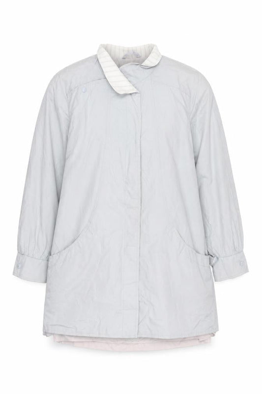 Front view of C&A Women Grey Long Rain Coat, size 16, Cotton Nylon Lined Vintage Style