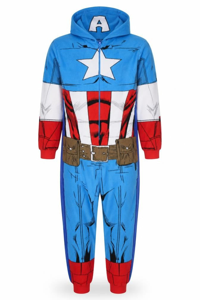 Marvel Men’s Captain America Fleece Onesie M Hooded Zip Up Nightwear