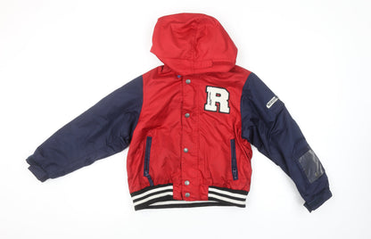 Additional front view of Reseeda boys’ red varsity jacket hooded lined water resistant 10 years
