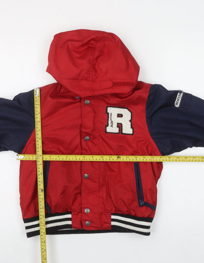 Back view of Reseeda boys’ red varsity jacket hooded lined water resistant 10 years