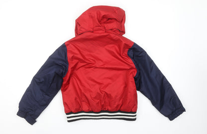 Close-up detail of Reseeda boys’ red varsity jacket hooded lined water resistant 10 years
