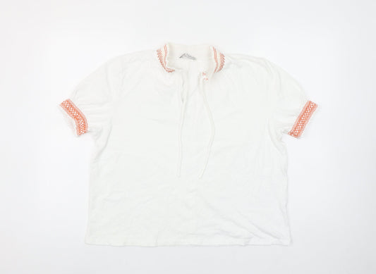 ZARA Women White Embroidered Collar Short Sleeve Cotton Tunic Blouse L