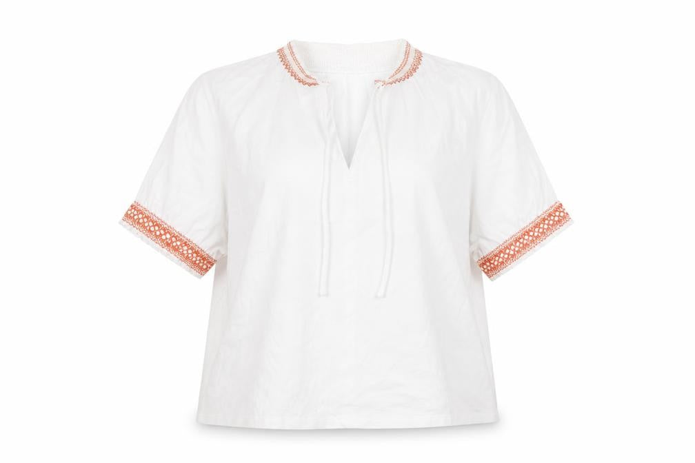 Zara Women White Embroidered Collar Short Sleeve Cotton Tunic Blouse L