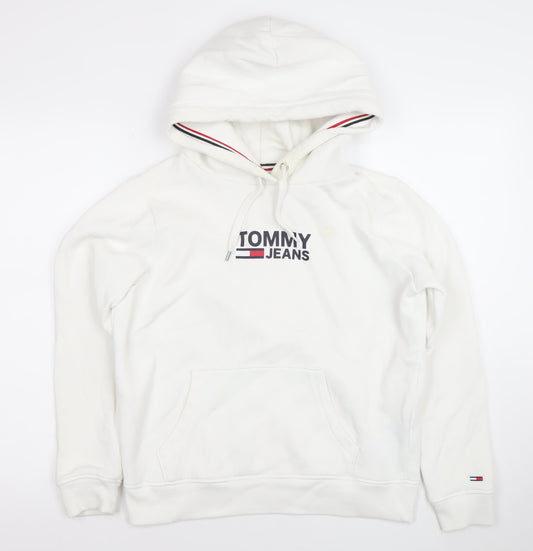 Tommy Jeans Women White Hooded Pullover Hoodie Medium Cotton Blend