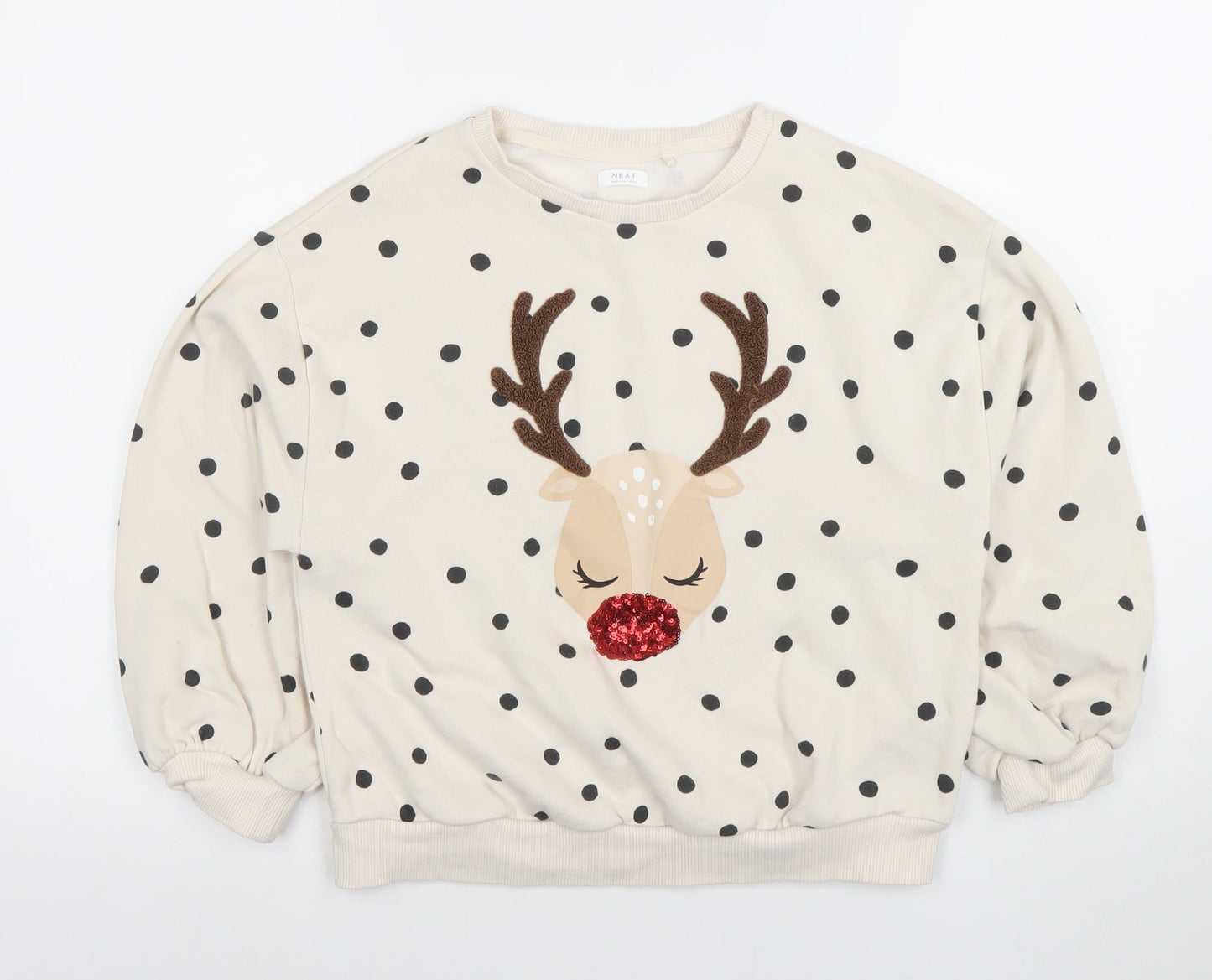 Next Girls Beige Polka Dot Reindeer Christmas Sweatshirt 11 Years