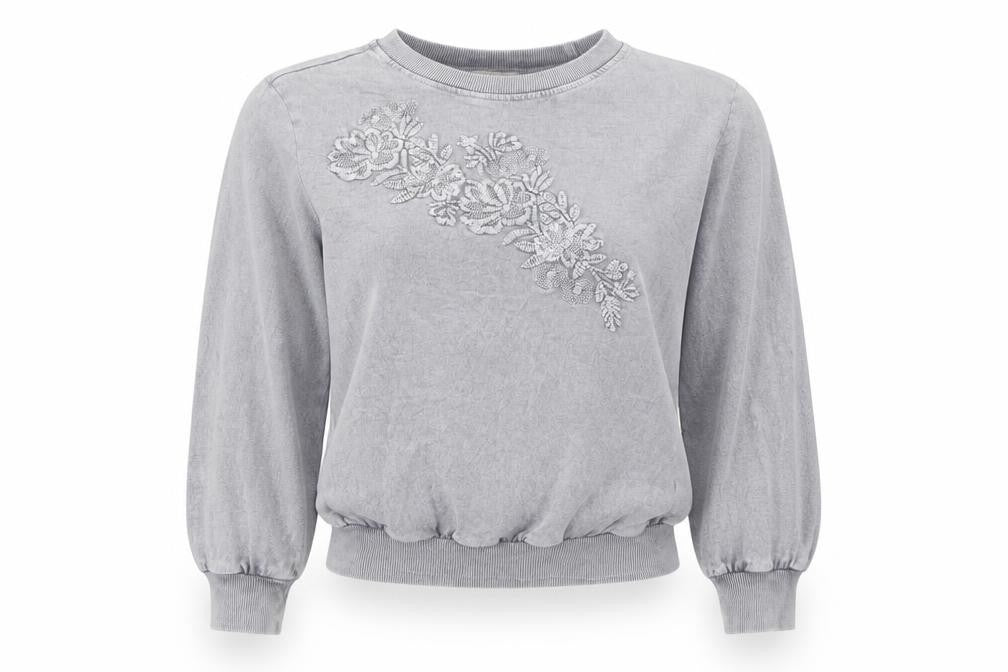 Soft Surroundings Women Grey Embroidered Pullover Sweatshirt Size S