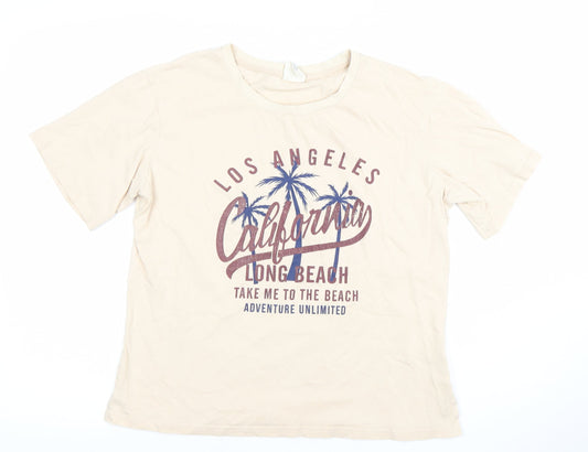 PINKSEA Womens Beige California Print T-Shirt Size M Casual Short Sleeve