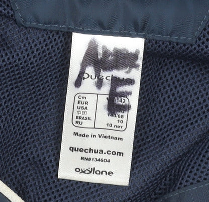 Brand and care label for Quechua boys’ blue 10 years windbreaker jacket waterproof outdoor